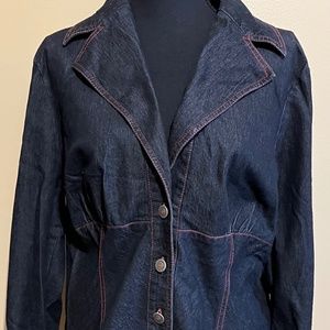 Bisou Bisou denim  stretch outfit with burgundy trim